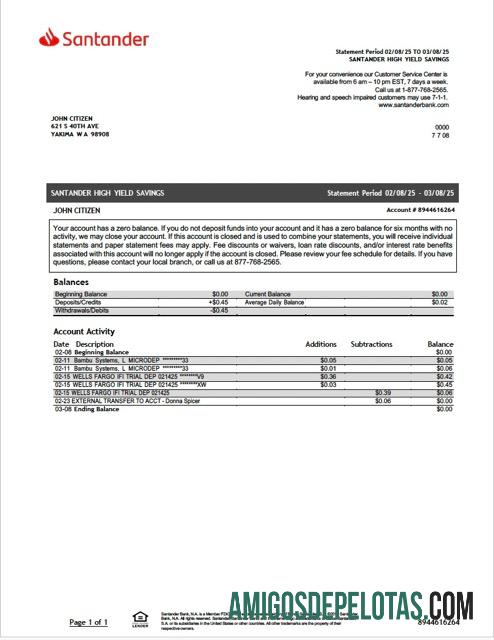 Modelo realista de extrato bancário Santander dos EUA em Word e PDF